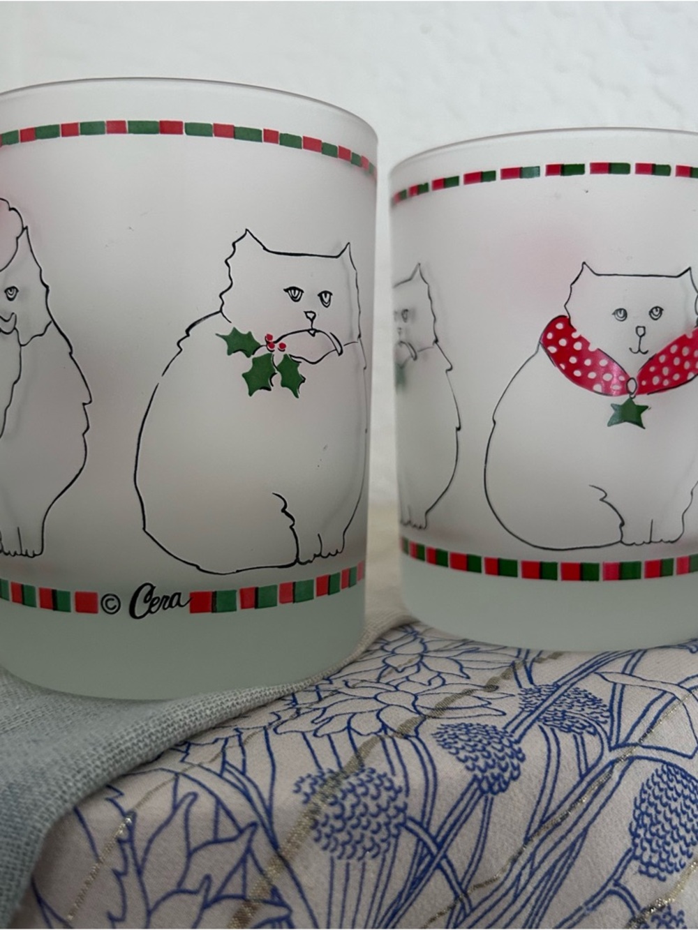 Cera Holiday Cat Frosted Glass Votive Candles - White with Red & Green Accents